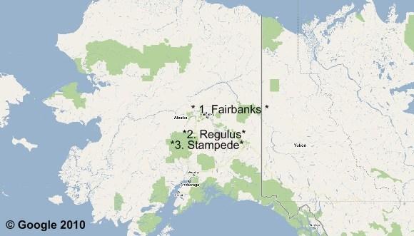 Cartographie 1 : Into The Wild, Le Yukon en stop : 3 destinations : Fairbanks, Regulus et Stampede.