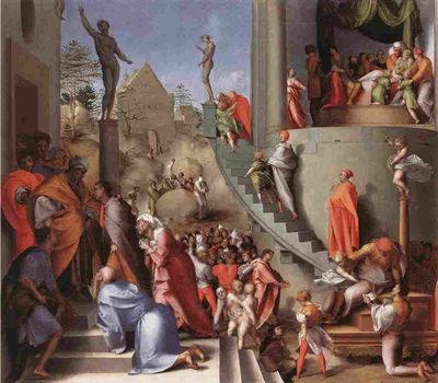 L'Histoire de Joseph, 1515-1518, de  Pontormo Jacopo (1494-1557), Huile sur toile. 96 x 109 cm. National Gallery, Londres. Évolution dans l'histoire de la peinture : (…) "Entre le XVIème et le XVIIème siècles, à une superposition des plans dont chacun se trouve rempli par une scène spécifique, et où les personnages se rencontrent côte à côte, s'est substituée une tout autre vision de la profondeur, où les personnages se rencontrent en oblique et, s'interpellent d'un plan à l'autre." L'innovation est hardie, l'oeuvre présente plusieurs épisodes de la vie de Joseph dans un seul plan. Notons que c'est la cape orange de Joseph qui marque une direction de lecture en S.
