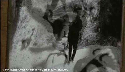   Retour à Cold Mountain  de Minghella Anthony.   Photogramme Puits 9. L'image de l'homme est à présent claire, il marche dans le froid dans un passage rocheux, entouré par des oiseaux noirs.