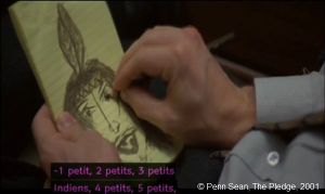  The Pledge  de Sean Penn. Photogramme – Dessin 2. Le dessin fantaisiste  d’un policier qui dessinait Toby en indien (principal suspect),  avec un bandeau et une plume autour de la tête.
