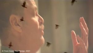  Photogramme – Oiseau 8.  The Pledge  de Sean Penn. Pour illustrer l’état d’esprit maladif de Jerry, le réalisateur choisit la technique de la surimpression, en ajoutant des oiseaux qui volent. L’effet semble suggérer que Jerry a des « oiseaux dans la tête ».