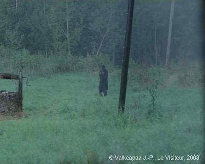 Le Visiteur, photogramme - plan 54, A travers l'obscurité de la forêt, sous une pluie battante, surgit un homme habillée sombrement, comme s'il annonçait un sombre avenir. Il est habillé d'un long manteau et un chapeau noirs.