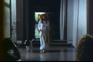 Photogramme - Chien 2 : Nostalghia, Plan 24. La dame au chien noir et blanc. La robe du chien ne préfigure-elle pas le dilemme du Poète et celui de la traductrice ?