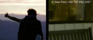 Photogramme 24 : Into The Wild Plan 374. Pour ce premier split screen, nous distinguons à droite, Christopher le pouce levé, on le verra souvent dans cette attitude. Et à gauche, des images des parents de Christopher qui succèdent à des images de l'apartheid en Afrique du Sud.