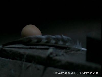  Le Visiteur, (Muukalainen). Photogramme œuf  14, plan 36, dans sa cachette, l'Enfant va disposer l'œuf à côté de la plume striée. Soulignons qu'il dispose les objets de droite à gauche.